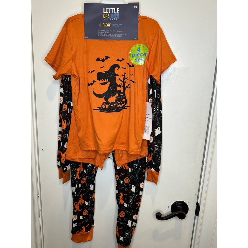 Little Dreamer Kids Halloween Pajamas 4pc Set Dinosaur Ghost Orange Black 7/8